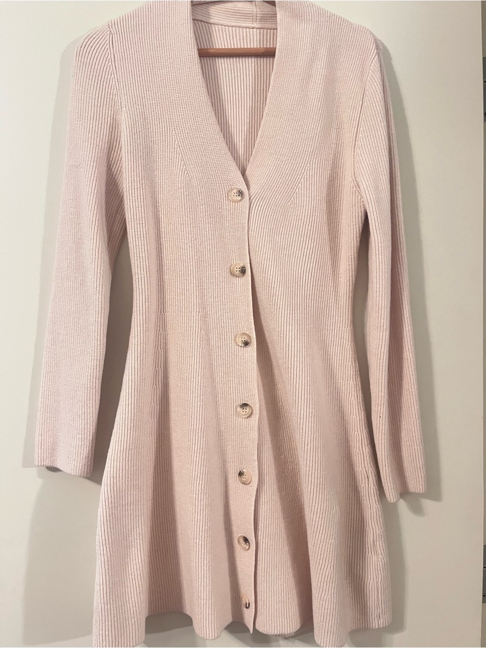 Light Beige Ribbed Button-Front Long Cardigan